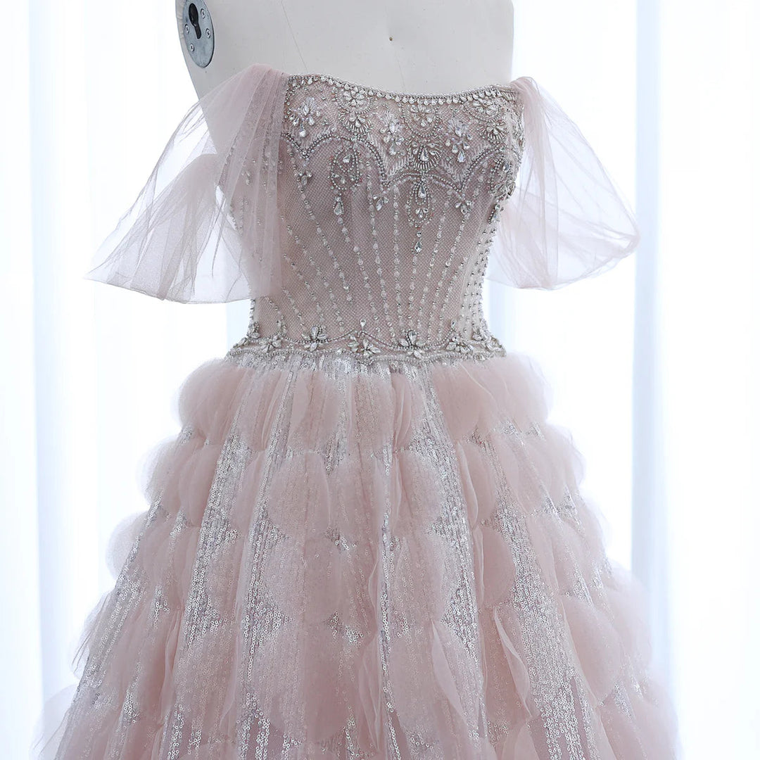 Glamorous Blush Pink Evening Gown with Layered Ruffles SB006