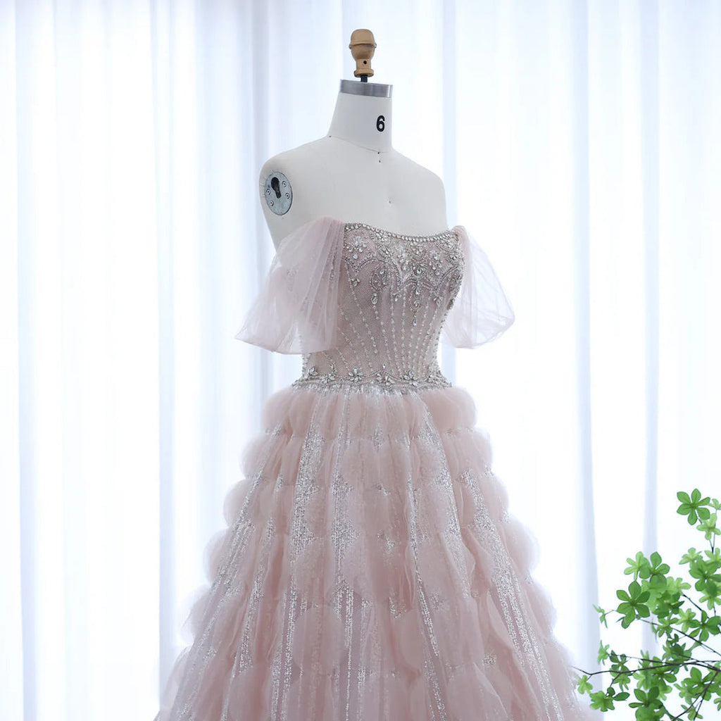 Glamorous Blush Pink Evening Gown with Layered Ruffles SB006