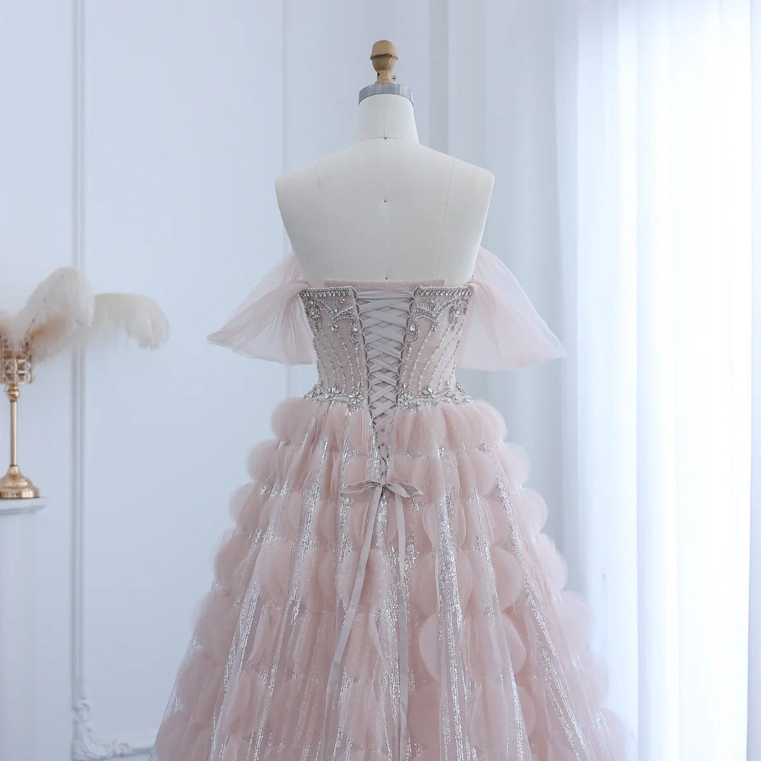 Glamorous Blush Pink Evening Gown with Layered Ruffles SB006