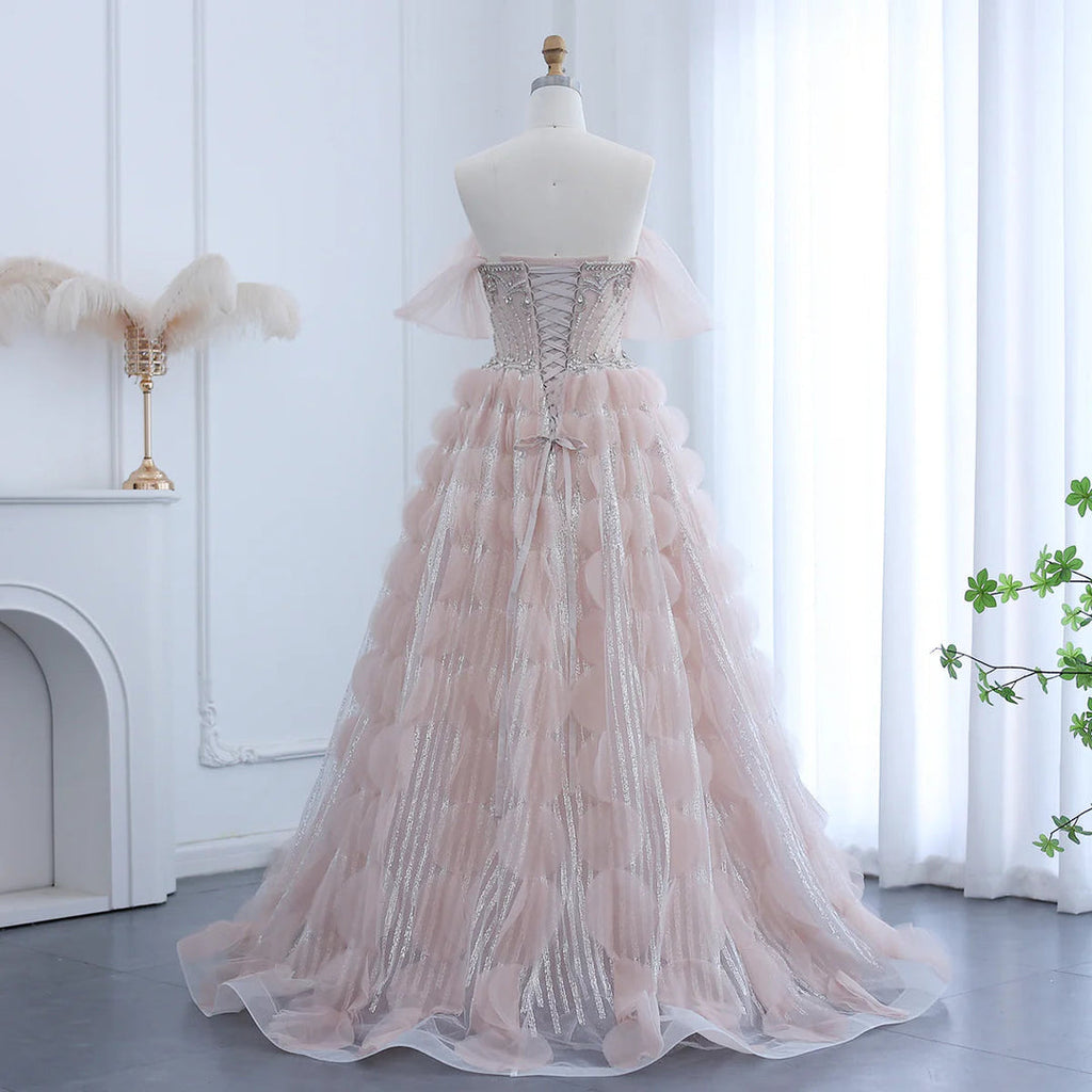 Glamorous Blush Pink Evening Gown with Layered Ruffles SB006