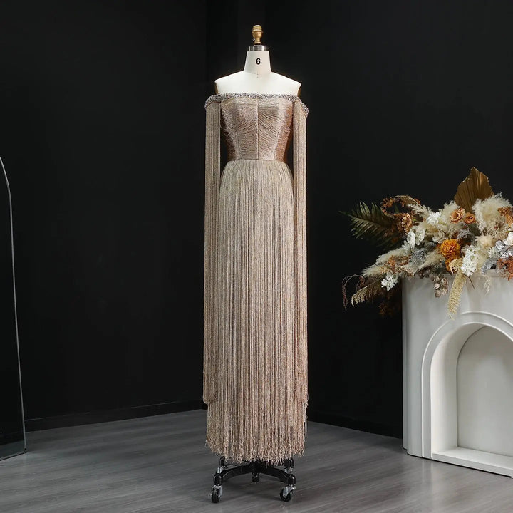 Elegant Gold Fringe Embellished Cape-Sleeve Evening Gown