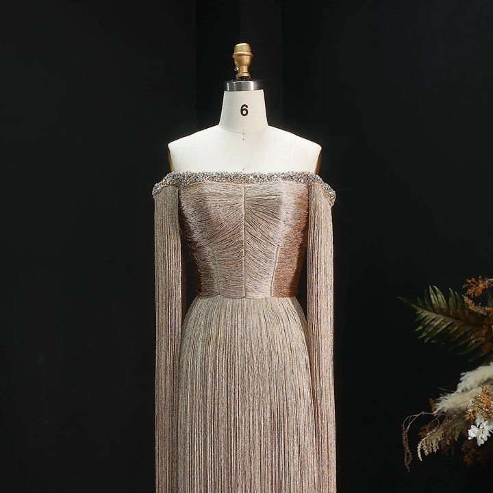 Elegant Gold Fringe Embellished Cape-Sleeve Evening Gown