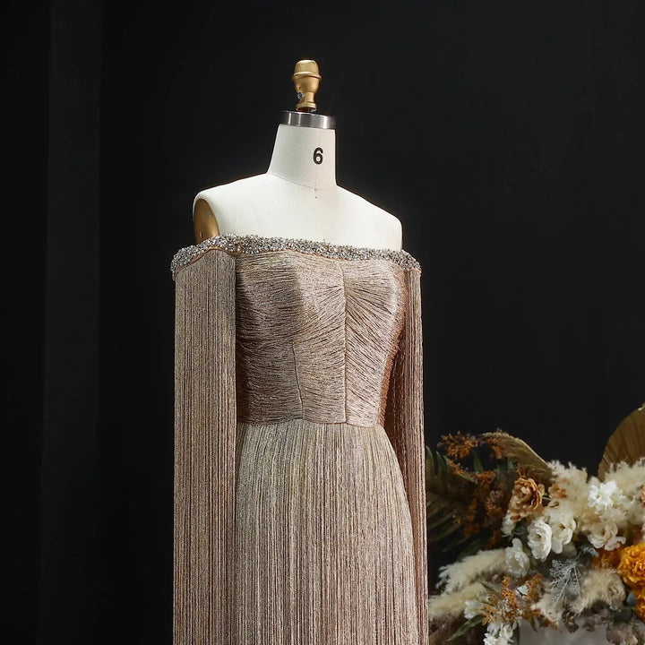 Elegant Gold Fringe Embellished Cape-Sleeve Evening Gown
