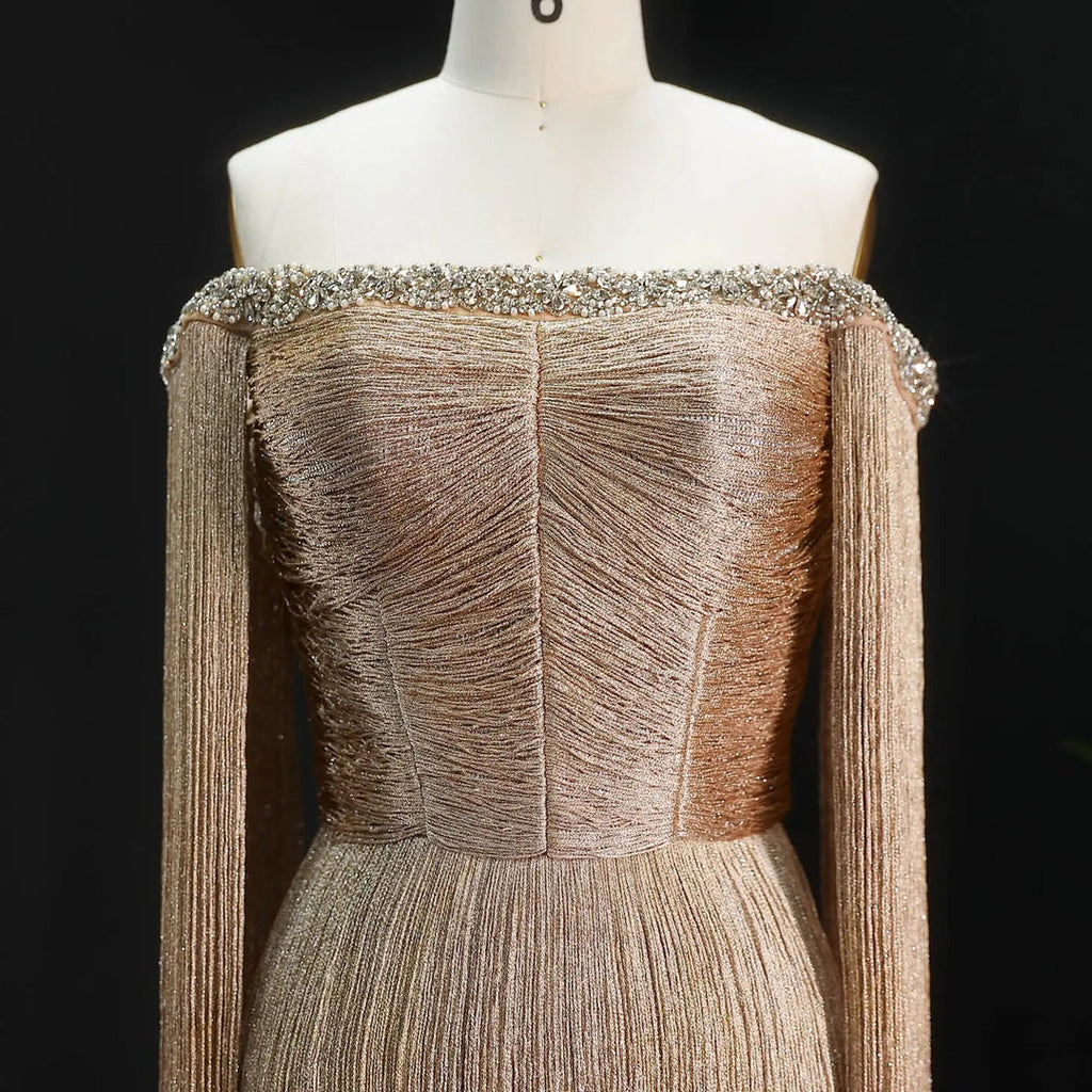 Elegant Gold Fringe Embellished Cape-Sleeve Evening Gown