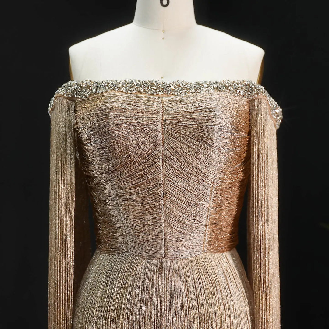 Elegant Gold Fringe Embellished Cape-Sleeve Evening Gown