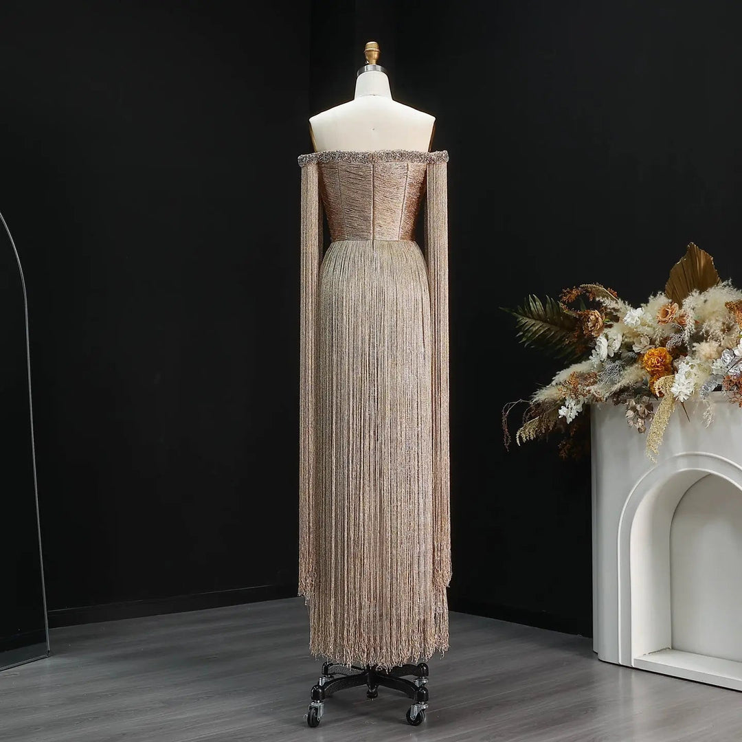 Elegant Gold Fringe Embellished Cape-Sleeve Evening Gown
