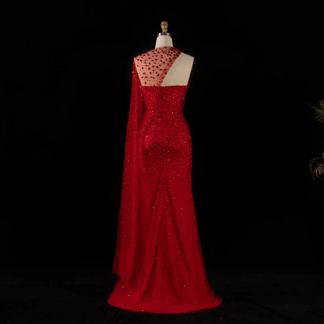 Exquisite Red Formal Gown with Sheer Cape and Beading