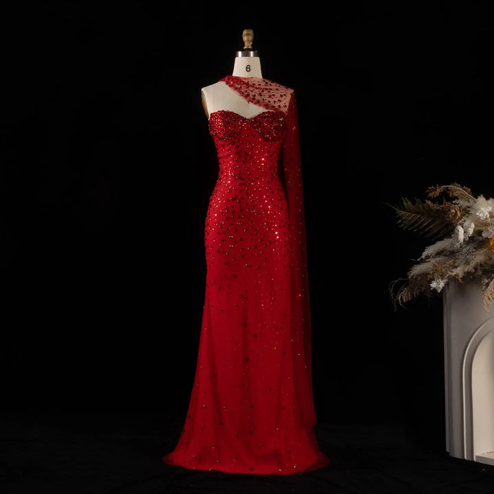 Exquisite Red Formal Gown with Sheer Cape and Beading