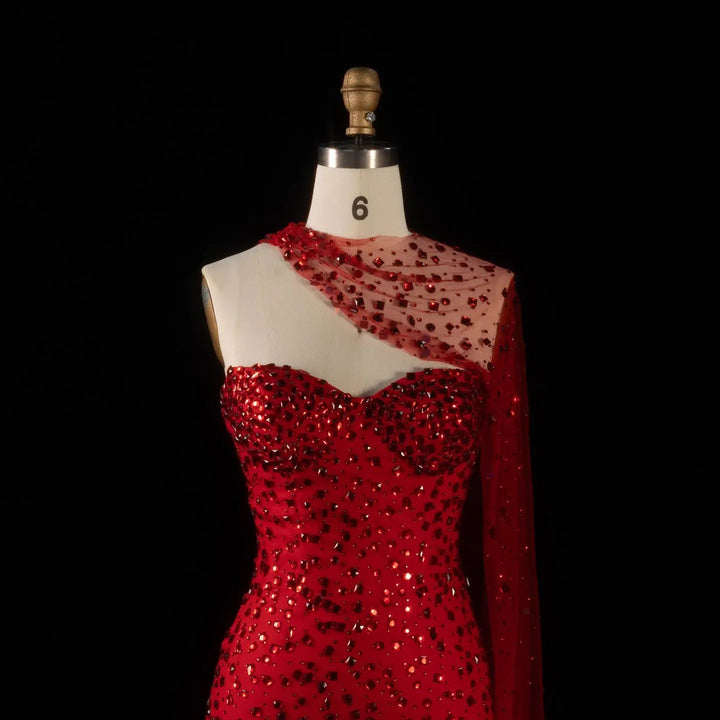 Exquisite Red Formal Gown with Sheer Cape and Beading
