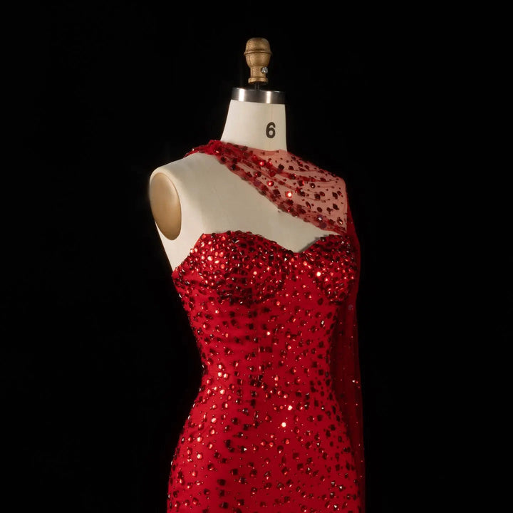 Exquisite Red Formal Gown with Sheer Cape and Beading