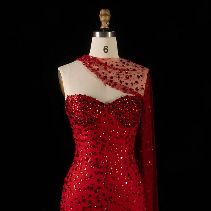 Exquisite Red Formal Gown with Sheer Cape and Beading