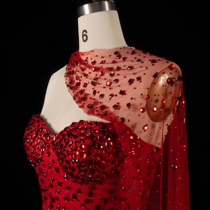 Exquisite Red Formal Gown with Sheer Cape and Beading