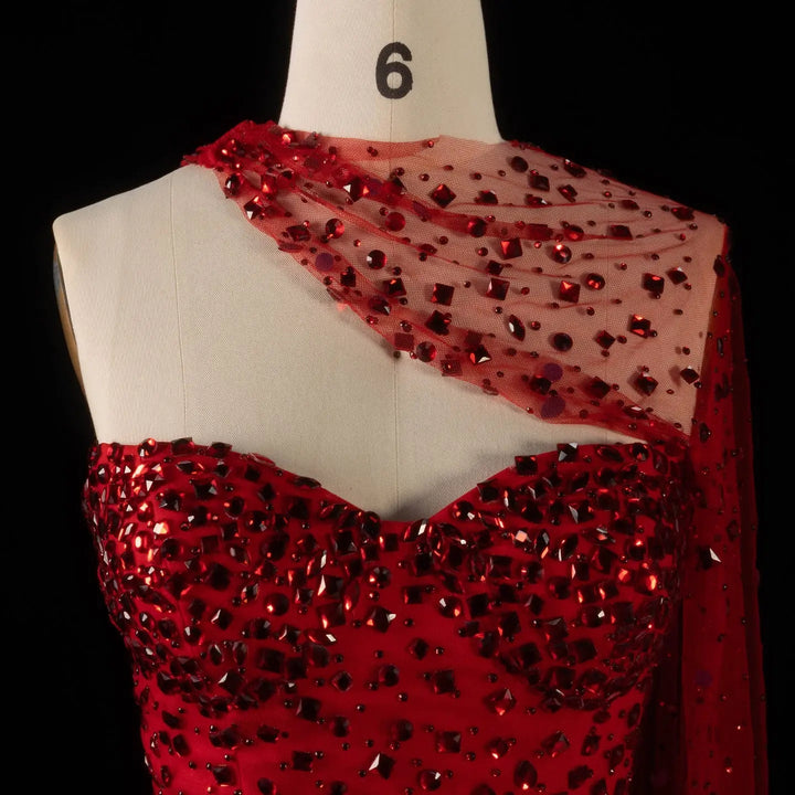 Exquisite Red Formal Gown with Sheer Cape and Beading