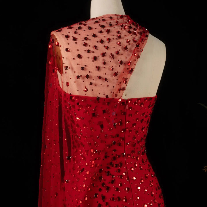 Exquisite Red Formal Gown with Sheer Cape and Beading