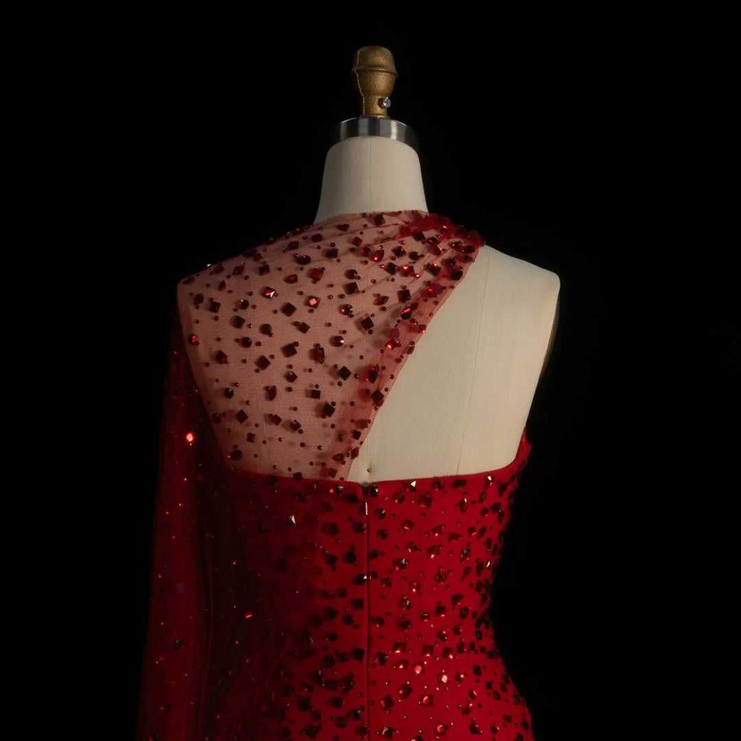Exquisite Red Formal Gown with Sheer Cape and Beading