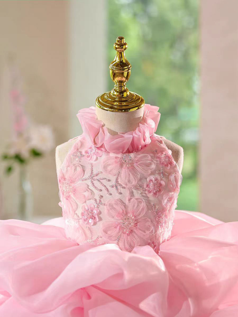 Pink Floral Embroidered Ruffled Princess Dress