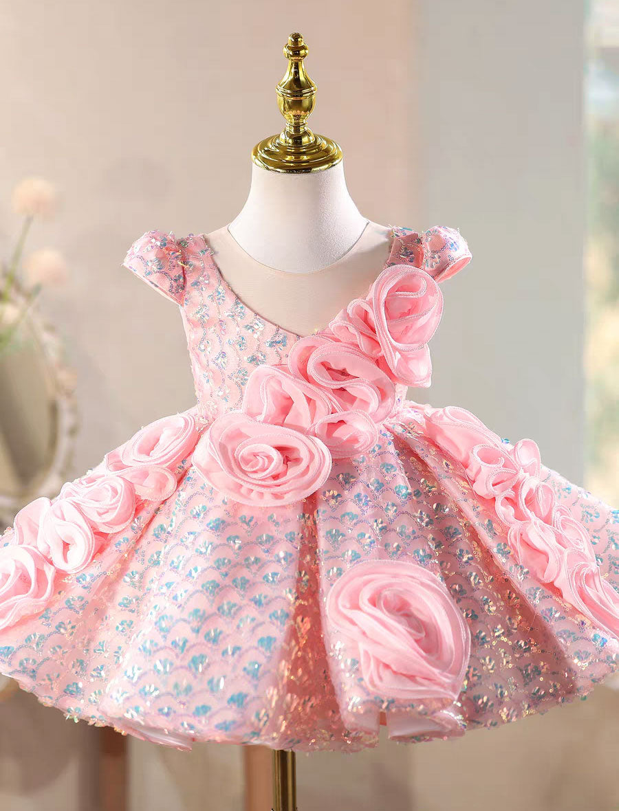 Pink Floral Embroidered Princess Dress with Rose Details