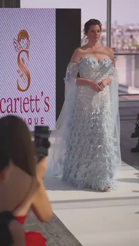 Luxury Blue Beaded Mermaid Evening Gown SB001
