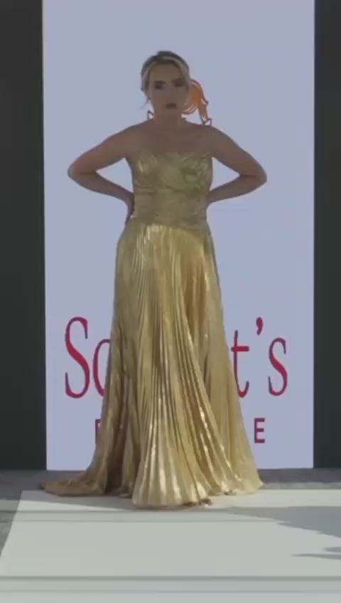 Gold Pleated Strapless Draped Evening Gown SB005