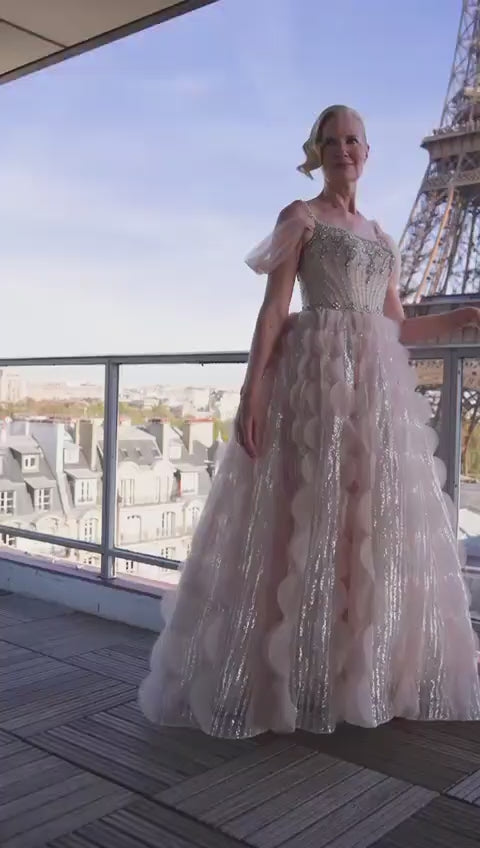 Glamorous Blush Pink Evening Gown with Layered Ruffles SB006