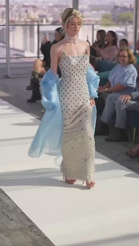 Luxury Crystal-Embellished Column Gown with Sheer Blue Cape and Choker Neckline SB002