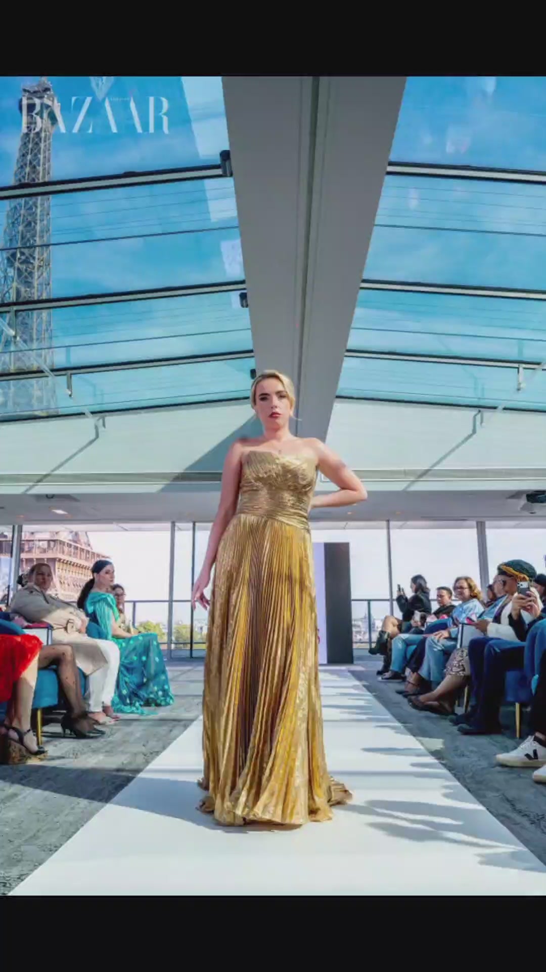 Gold Pleated Strapless Draped Evening Gown SB005