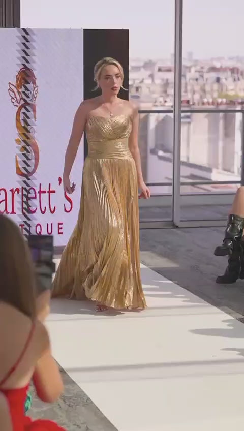 Gold Pleated Strapless Draped Evening Gown SB005