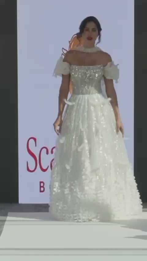 Elegant Beige Embellished Evening Gown with Petal Detailing SB011
