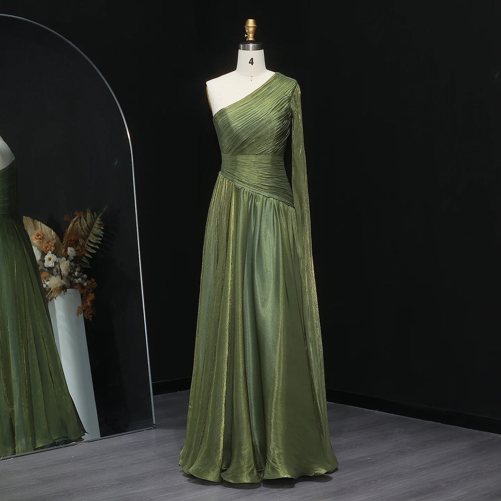 Olive Green One-Shoulder Shimmer A-Line Gown