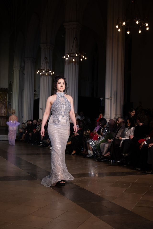 Luxury Silver Beaded Halter Evening Gown