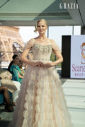 Glamorous Blush Pink Evening Gown with Layered Ruffles SB006