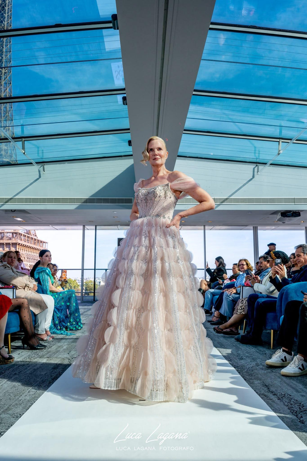 Glamorous Blush Pink Evening Gown with Layered Ruffles SB006
