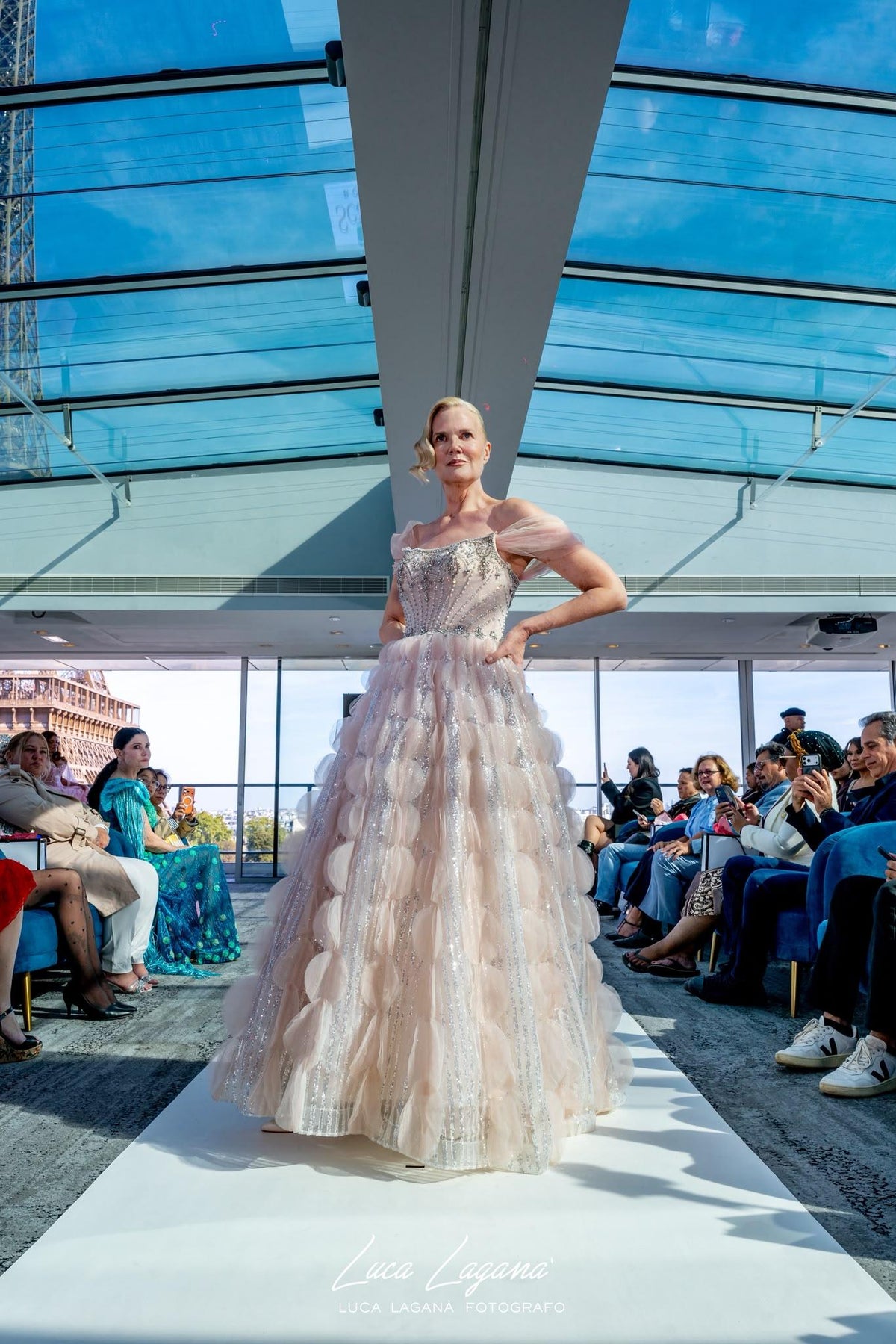 Glamorous Blush Pink Evening Gown with Layered Ruffles SB006