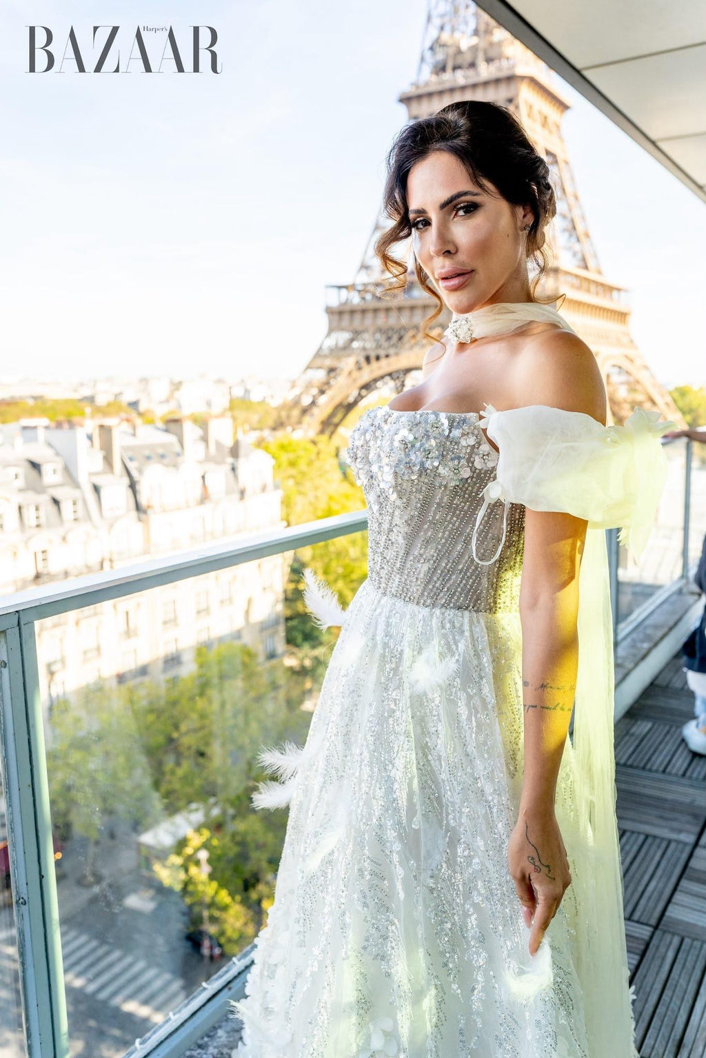 Elegant Beige Embellished Evening Gown with Petal Detailing SB011