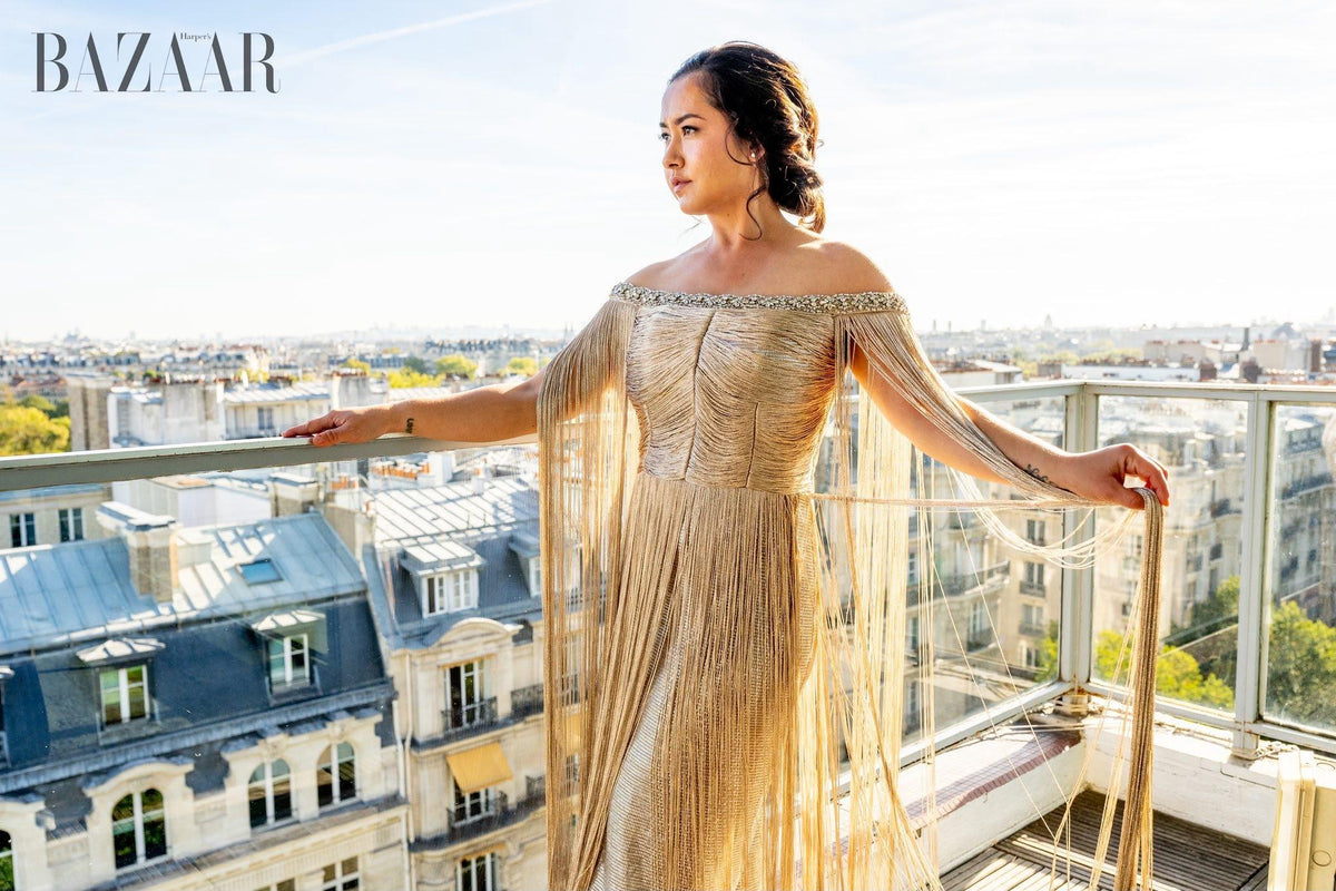 Luxury Gold Off-Shoulder Cape Sleeve Gown SB012